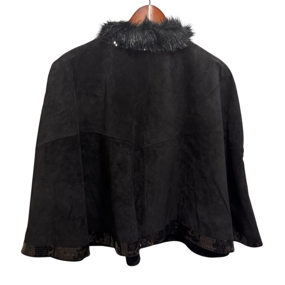 Adrienne Landau Black Suede Leather Faux Fur Sequin Cape NWT Brand New - Picture 8 of 11
